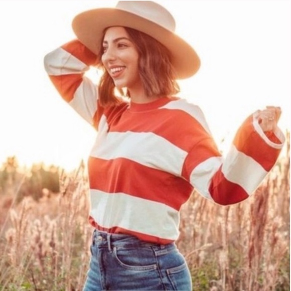 MADEWELL Easy Crop Long Sleeve Rugby Stripe Tee Orange and Cream Size XXS - Picture 1 of 12
